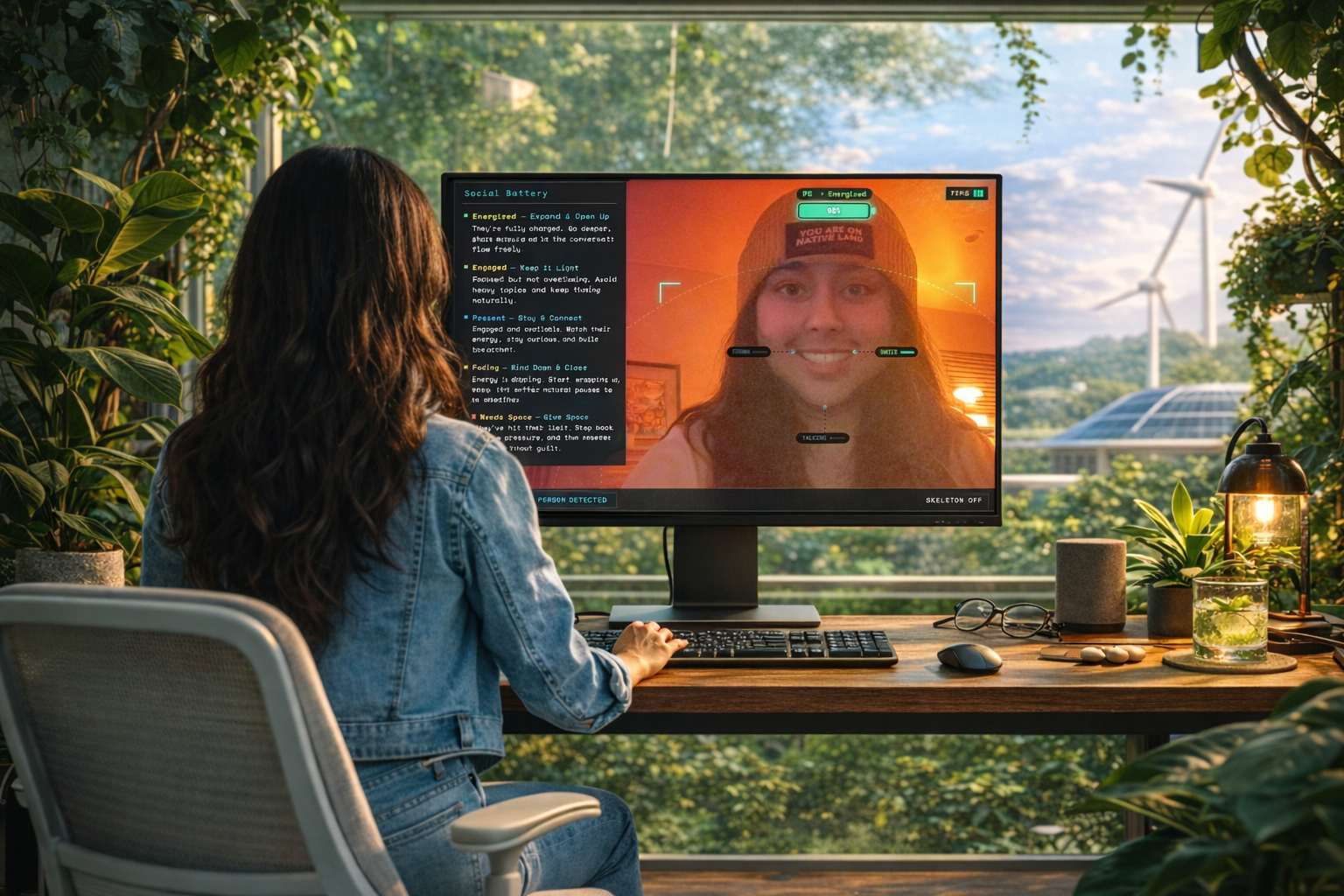 EmpathAR desktop view — Social Battery panel with five named states alongside live person detection