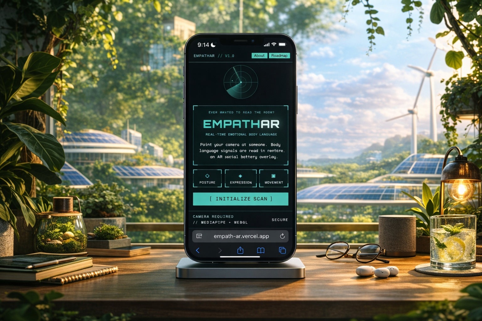 EmpathAR running on mobile — AR overlay showing emotional body language scan interface