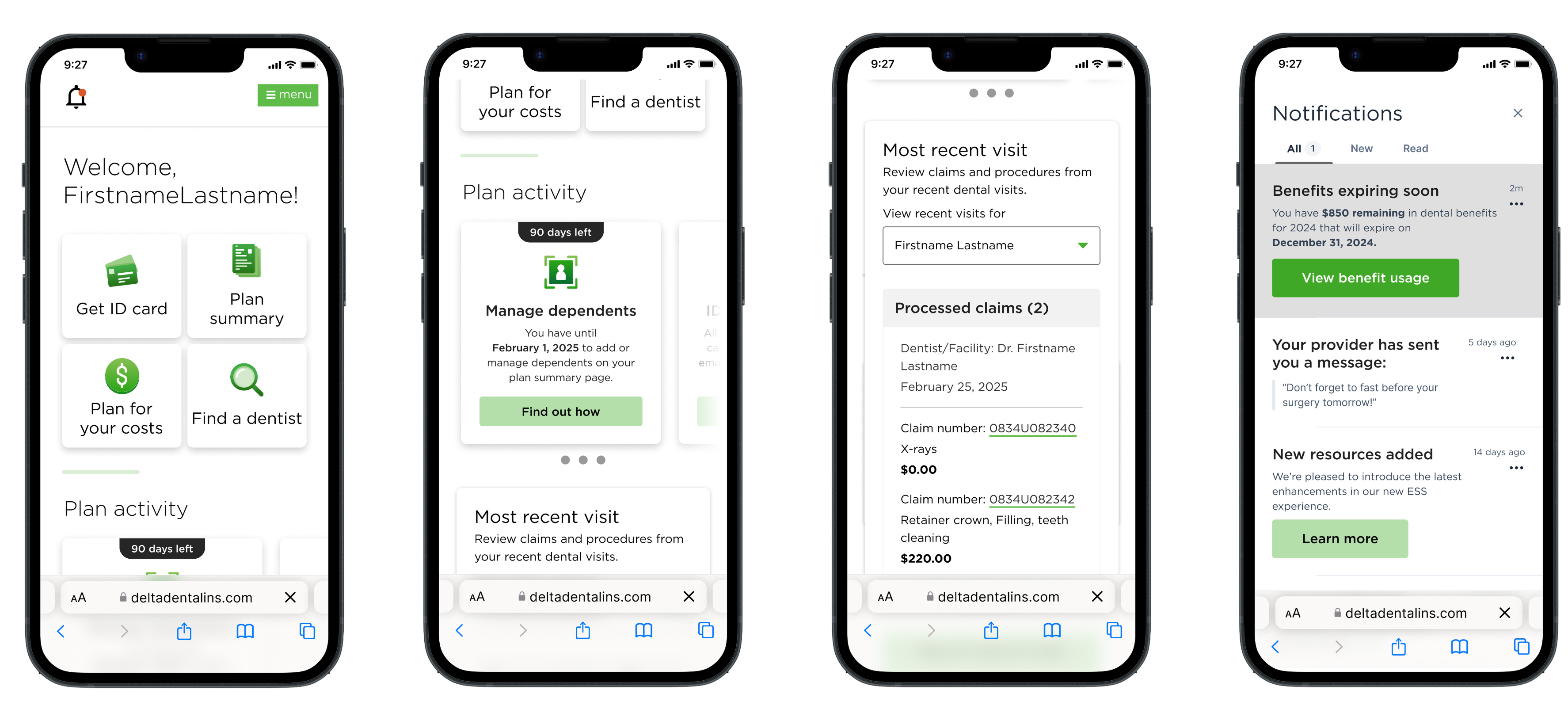 Four screens showing the personalized dashboard: plan activity, notifications, claims widget, and member home