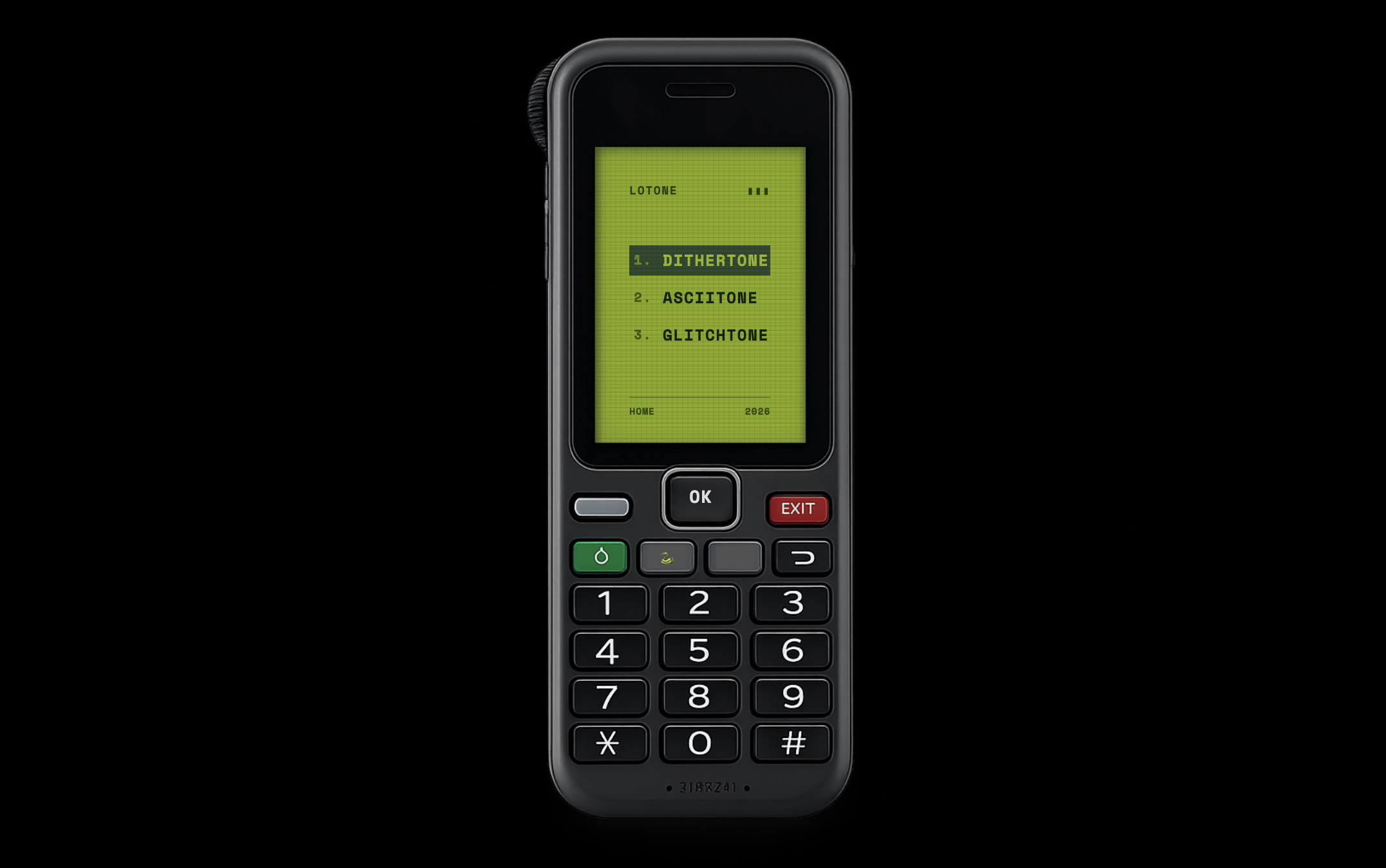 Lotone — Nokia-style interface showing DITHERTONE, ASCIITONE, and GLITCHTONE menu
