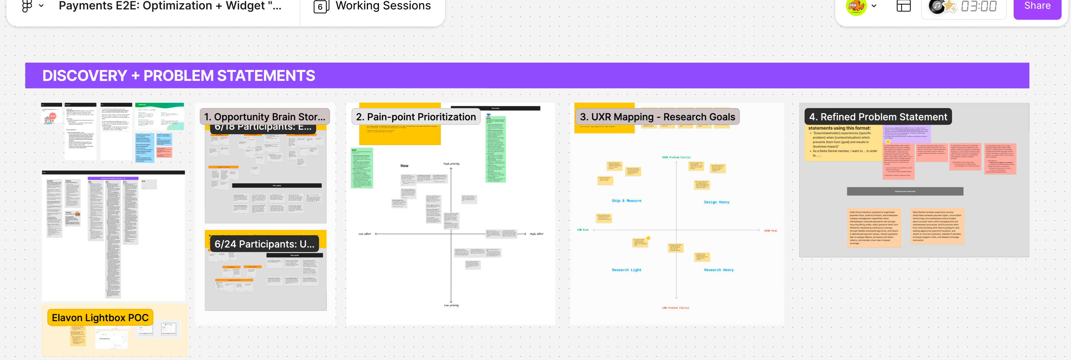 Discovery โ payments research board showing opportunity mapping and problem statements