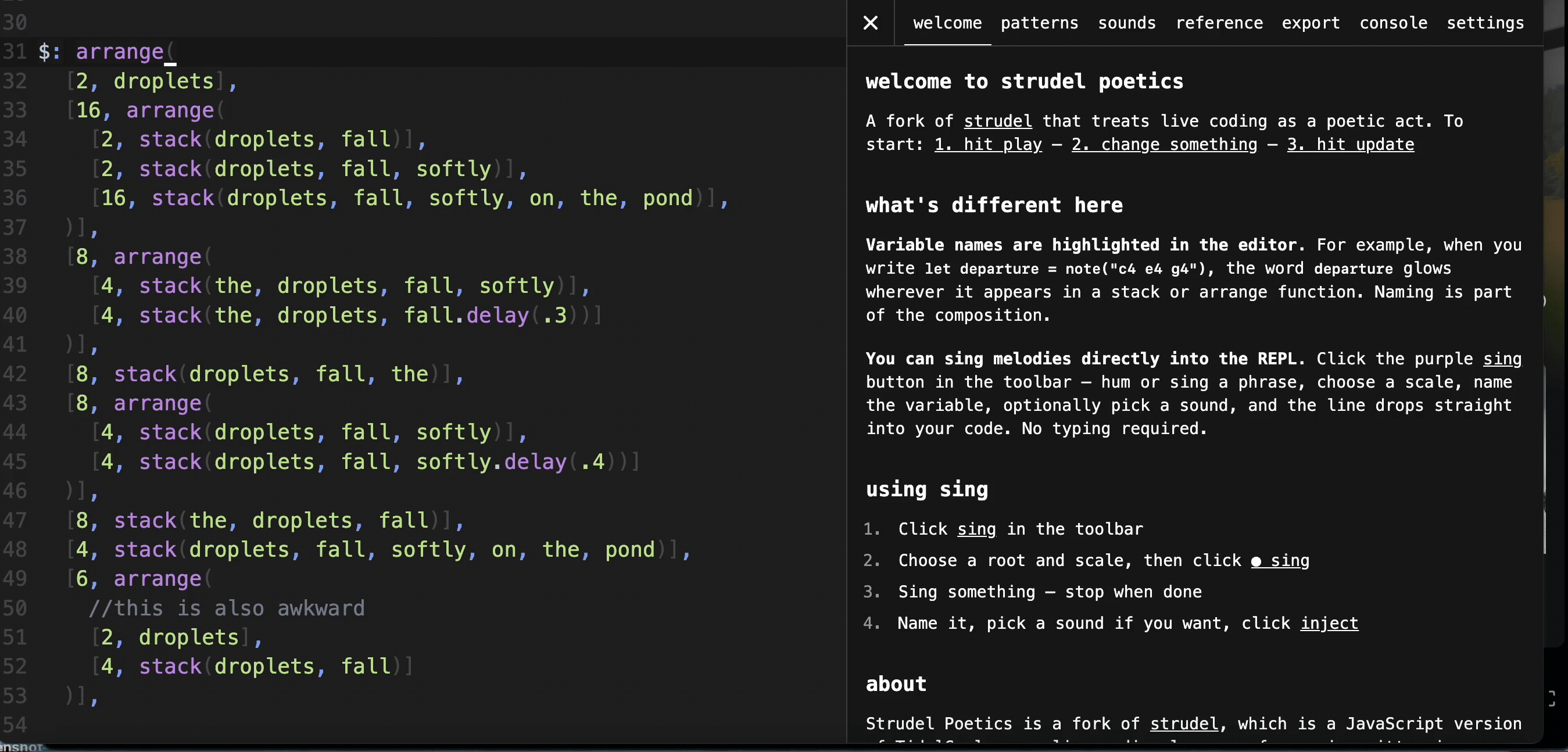 Strudel Poetics REPL in use